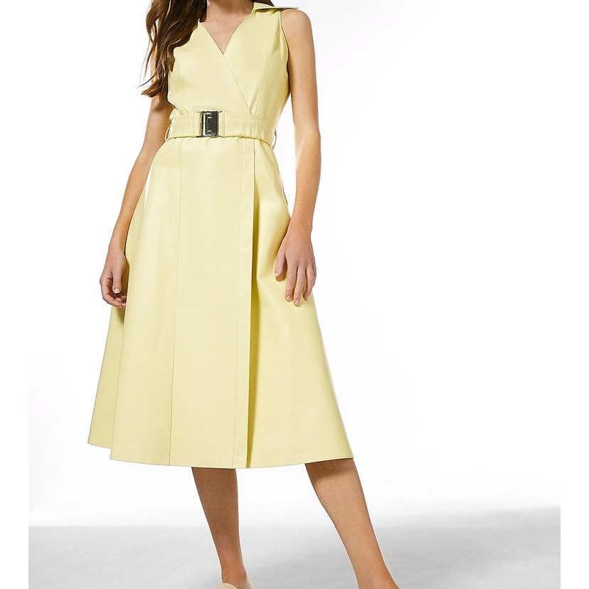 Leather Wrap Belted Dress In Lemon